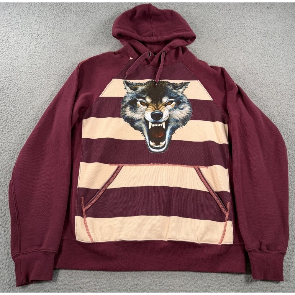 Triple Five Soul Hoodie Men XL Maroon Beige Striped Wolf Print Hooded Sweatshirt